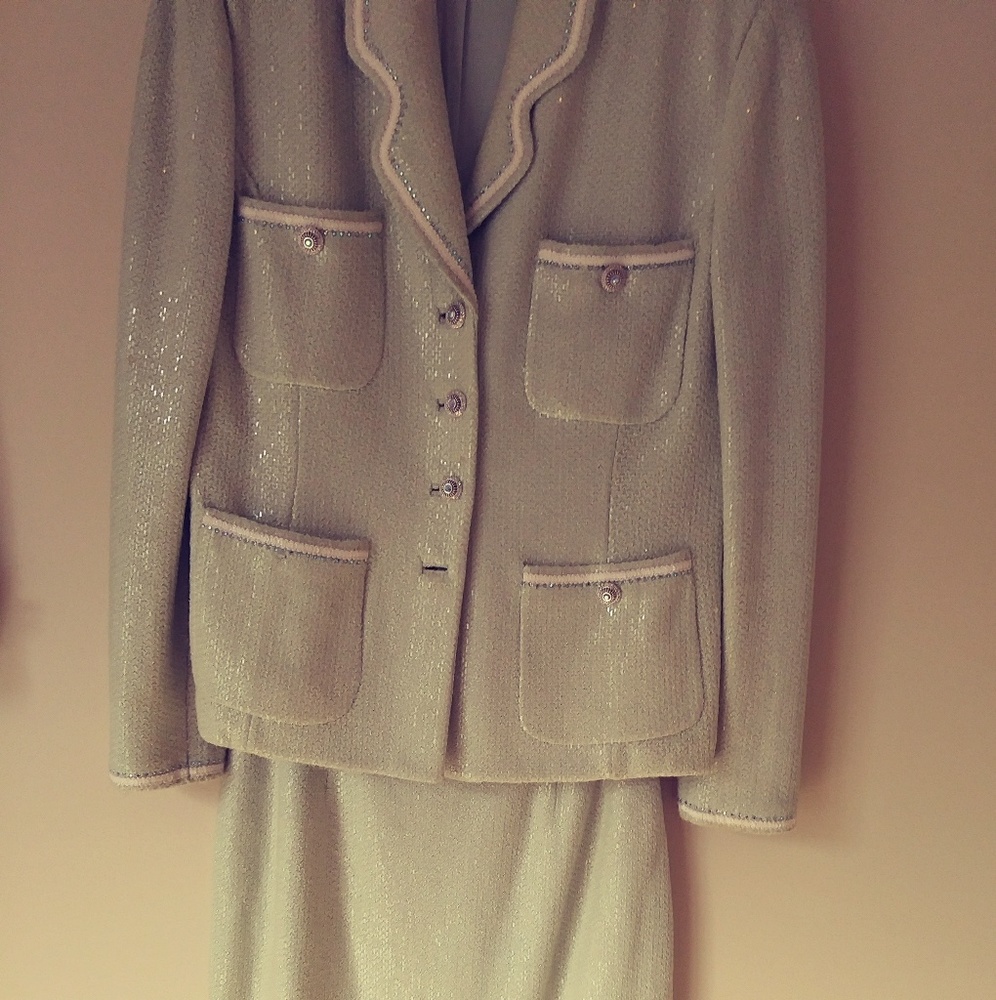 St. John Contour mint green sparkling evening suit